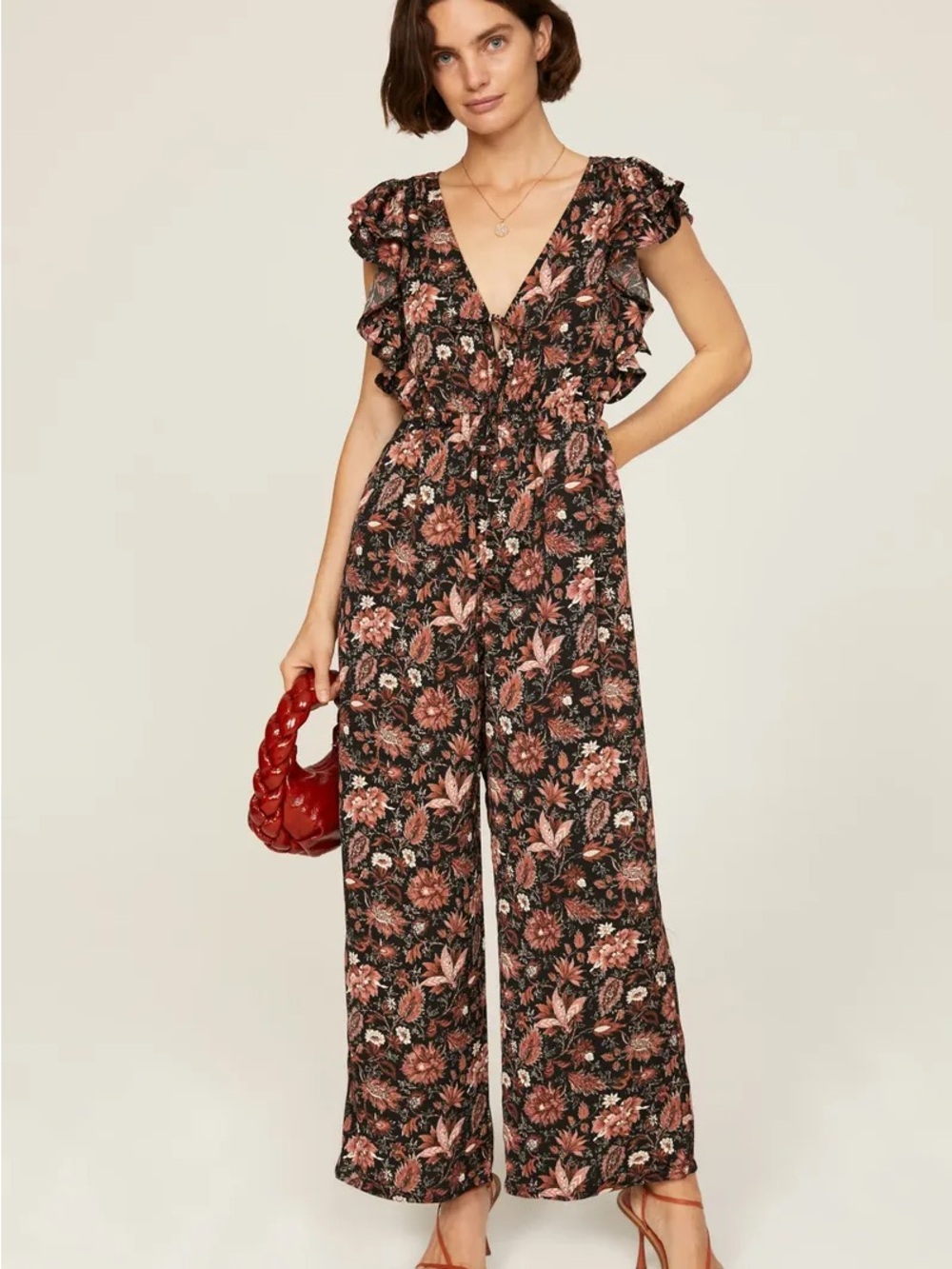 Madewell Black Floral V-Neck Wide-Leg Jumpsuit with Rose Accents